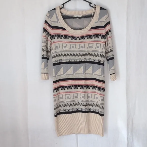 Cloudchaser Beige Print Stripe 3/4 Sleeve Sweater Dress Tunic Size Large - Picture 1 of 5